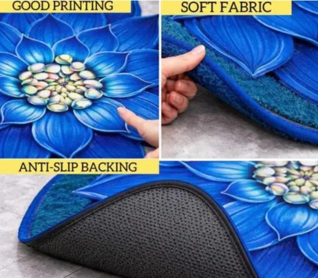🌸Premium 25-Inch Blue Lotus Flower Water Absorbent Floor Mat | 🏠 Anti-Slip Quick Dry Bathroom, Bedroom & Living Room Rug